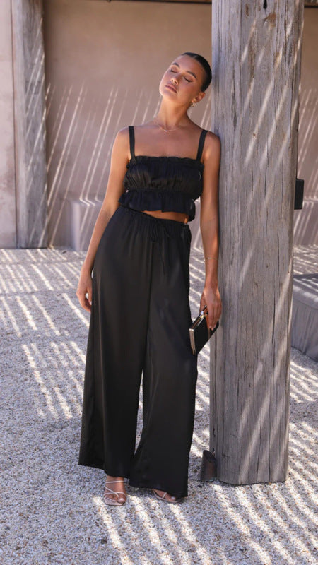Suit - Pants and Top Set- 2-Piece Satin Casual Suit - Cami Crop Top + Pants Set- Black- Pekosa Women Clothing