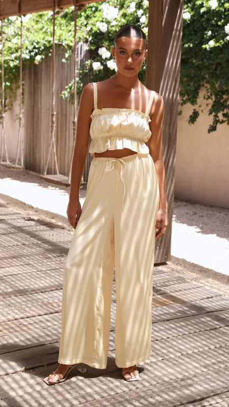 Suit - Pants and Top Set- 2-Piece Satin Casual Suit - Cami Crop Top + Pants Set- Yellow- Pekosa Women Clothing