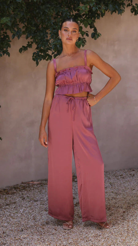 Suit - Pants and Top Set- 2-Piece Satin Casual Suit - Cami Crop Top + Pants Set- Purple- Pekosa Women Clothing