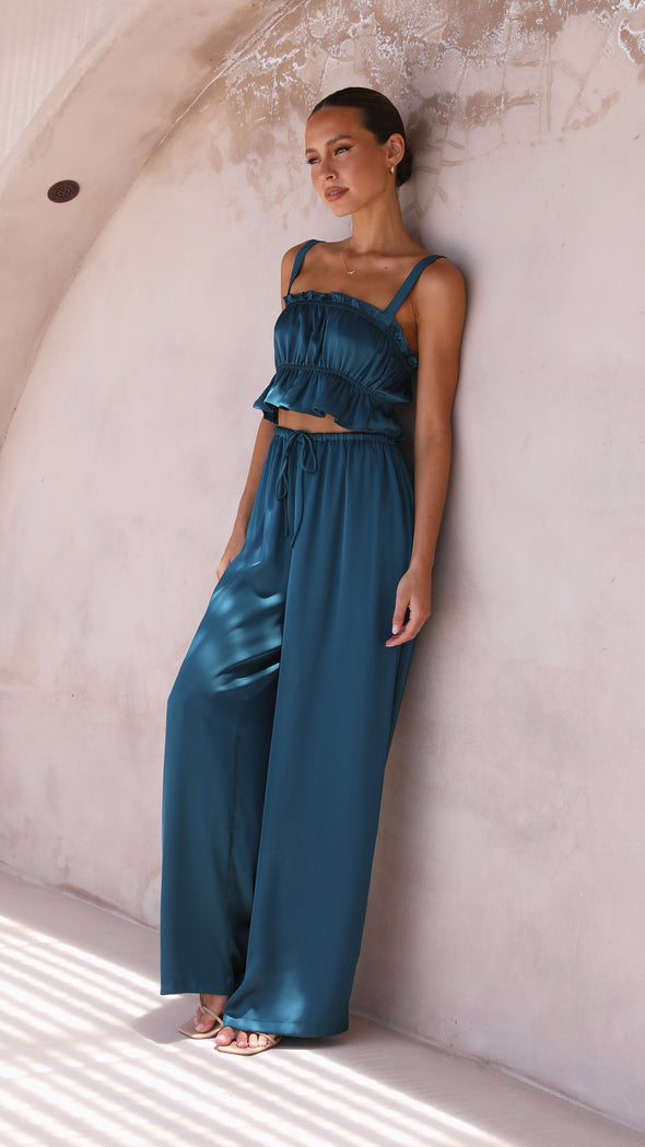 Suit - Pants and Top Set- 2-Piece Satin Casual Suit - Cami Crop Top + Pants Set- - Pekosa Women Clothing