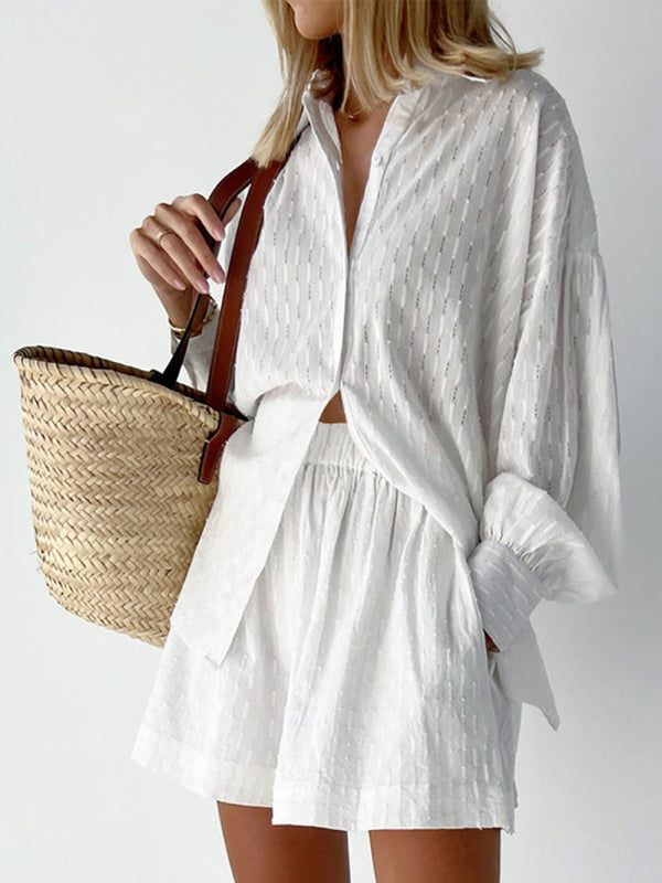 Suit - Two piece set- Textured Cotton Linen Two Piece Set : Short + Shirt- - Pekosa Women Clothing