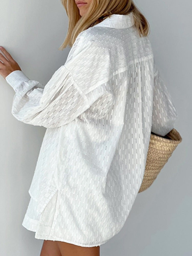 Suit - Two piece set- Textured Cotton Linen Two Piece Set : Short + Shirt- - Pekosa Women Clothing