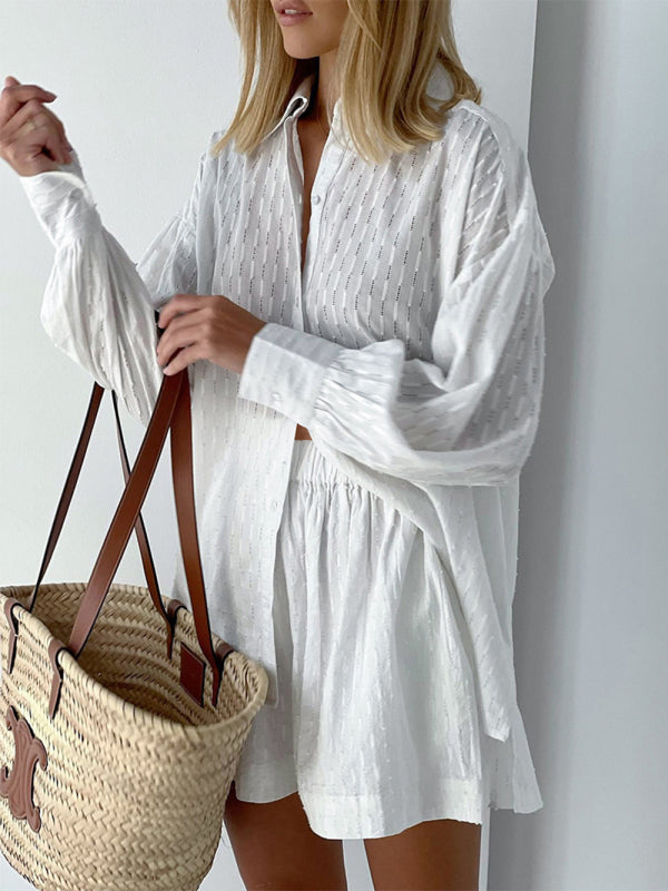 Suit - Two piece set- Textured Cotton Linen Two Piece Set : Short + Shirt- - Pekosa Women Clothing