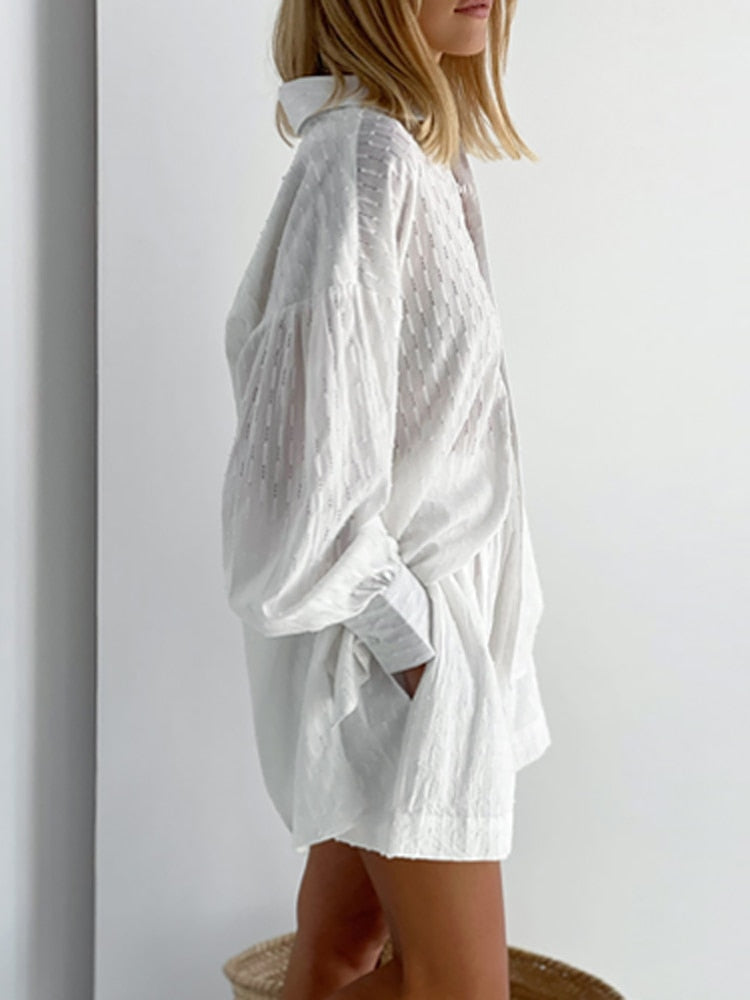 Suit - Two piece set- Textured Cotton Linen Two Piece Set : Short + Shirt- - Pekosa Women Clothing