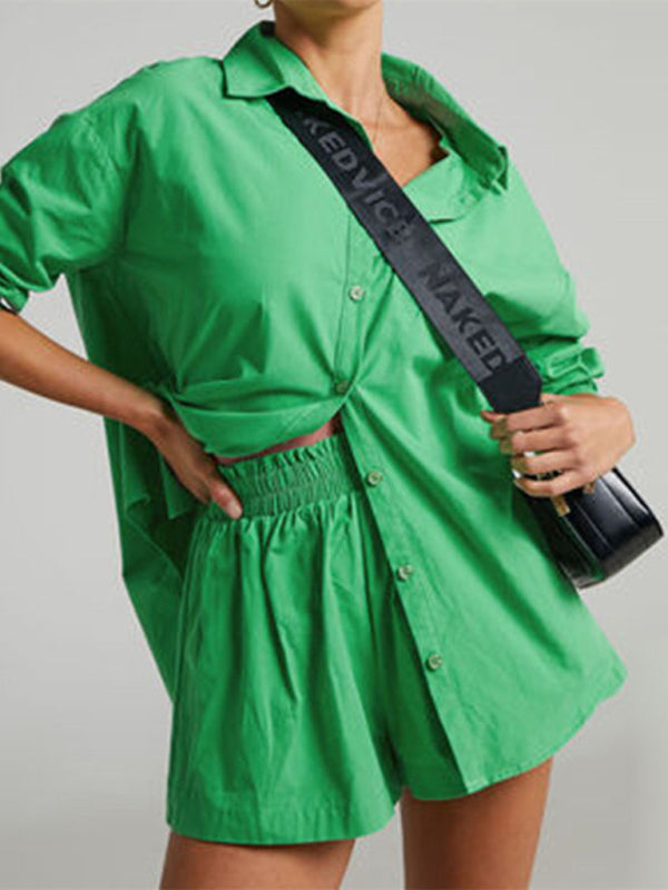 Suit - Two piece sets- Solid Cotton Set Shorts and Long Sleeve Shirt for Women- - Pekosa Women Clothing