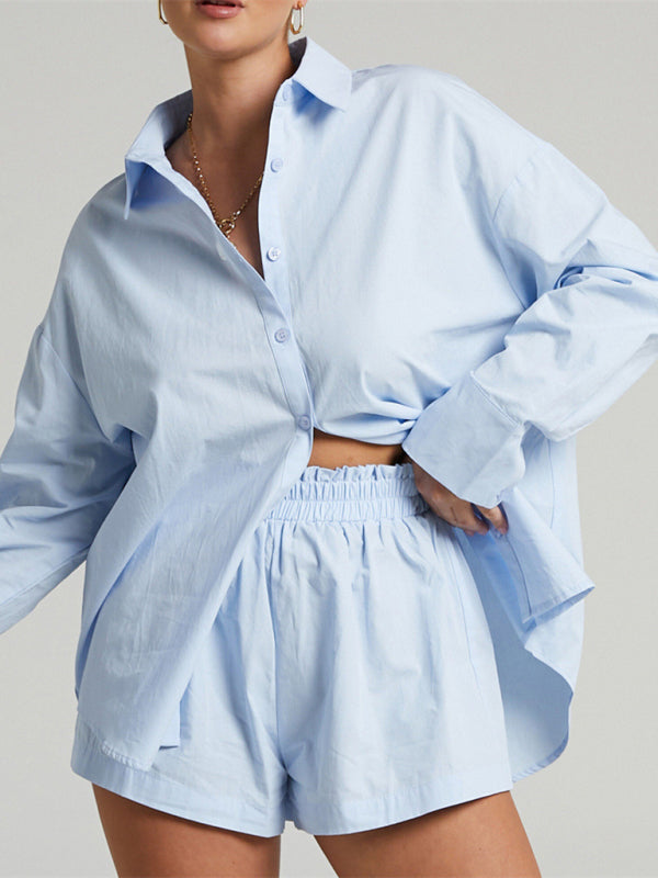 Suit - Two piece sets- Solid Cotton Set Shorts and Long Sleeve Shirt for Women- Mist blue- Pekosa Women Clothing