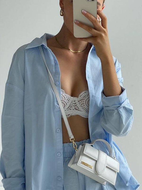 Suit - Two piece sets- Solid Cotton Set Shorts and Long Sleeve Shirt for Women- - Pekosa Women Clothing