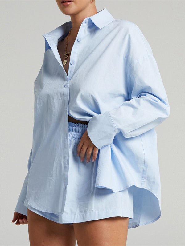 Suit - Two piece sets- Solid Cotton Set Shorts and Long Sleeve Shirt for Women- - Pekosa Women Clothing