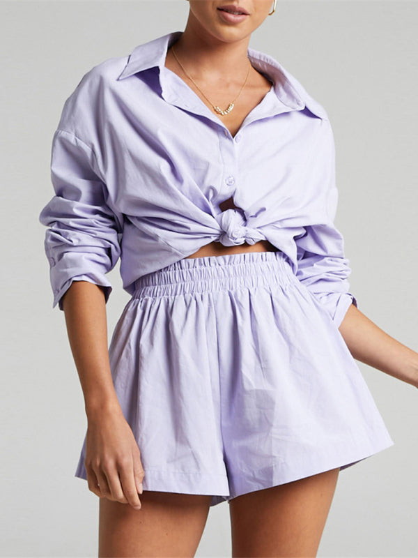Suit - Two piece sets- Solid Cotton Set Shorts and Long Sleeve Shirt for Women- Purple- Pekosa Women Clothing