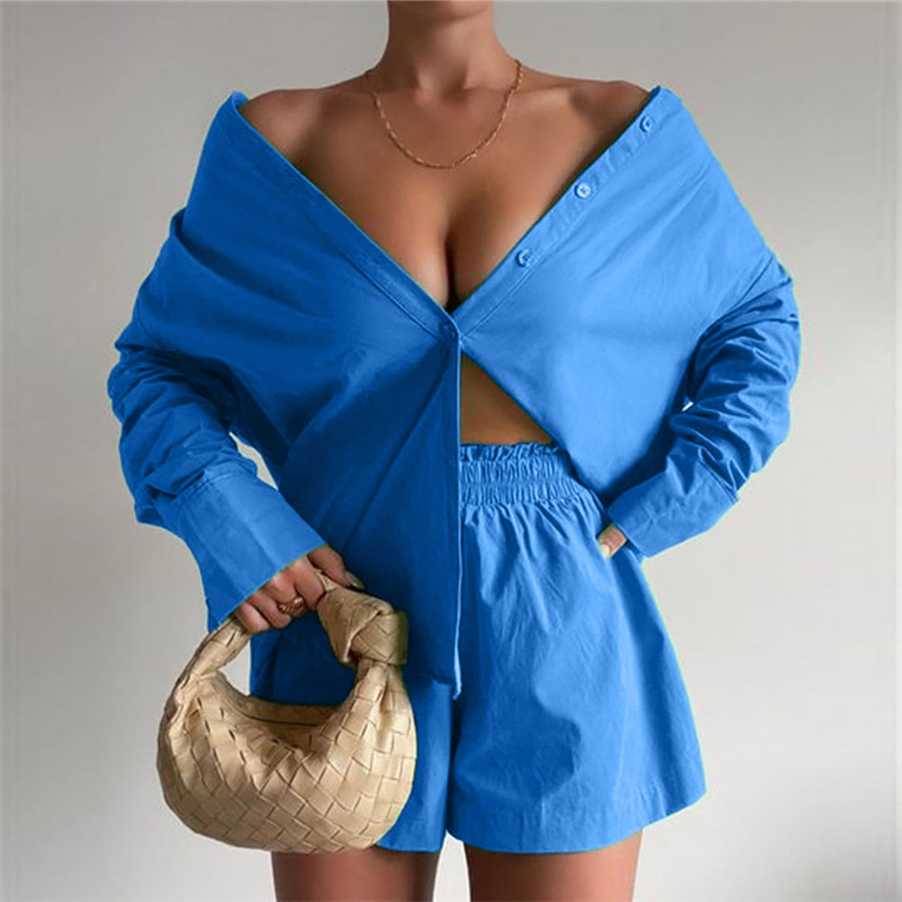 Suit - Two piece sets- Solid Cotton Set Shorts and Long Sleeve Shirt for Women- - Pekosa Women Clothing