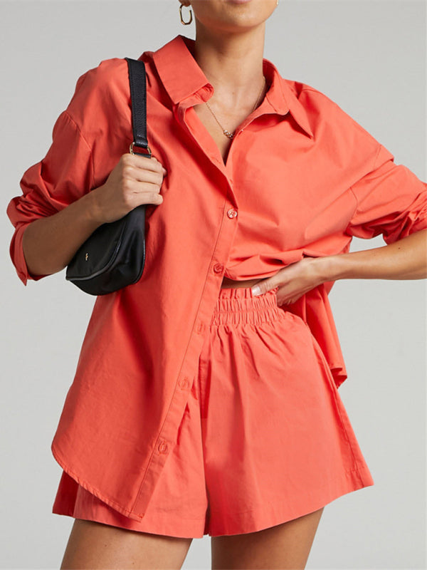 Suit - Two piece sets- Solid Cotton Set Shorts and Long Sleeve Shirt for Women- Orange- Pekosa Women Clothing