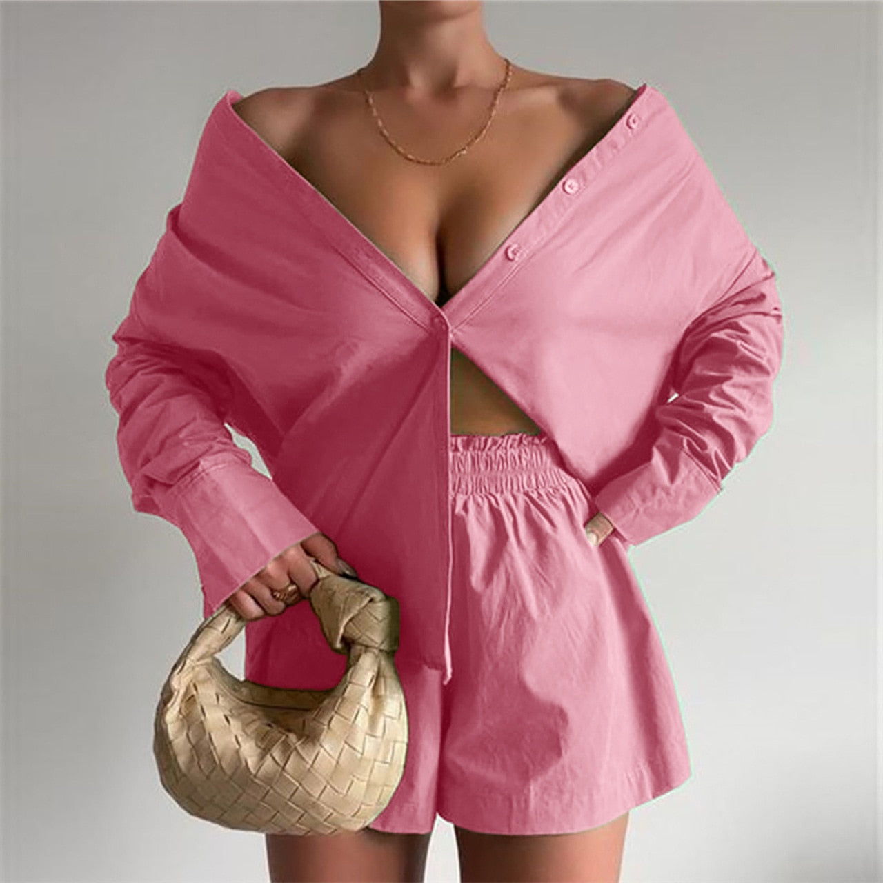 Suit - Two piece sets- Solid Cotton Set Shorts and Long Sleeve Shirt for Women- - Pekosa Women Clothing