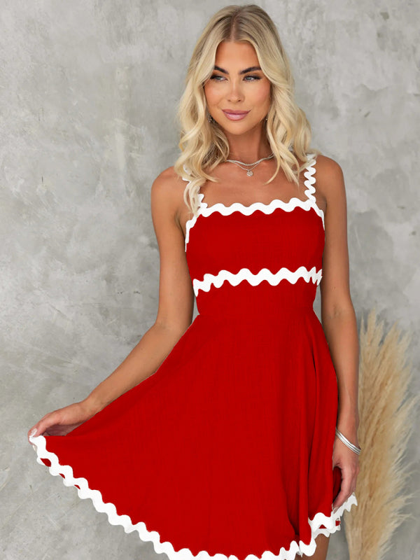Summer Dresses- Essential A-Line Cami Dress with Ric-Rac Trim- Blue- Pekosa Women Clothing