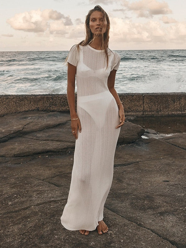 Summer Dresses- See-Through Cover-Up | Summer Textured Knit Maxi Dress- - Pekosa Women Clothing