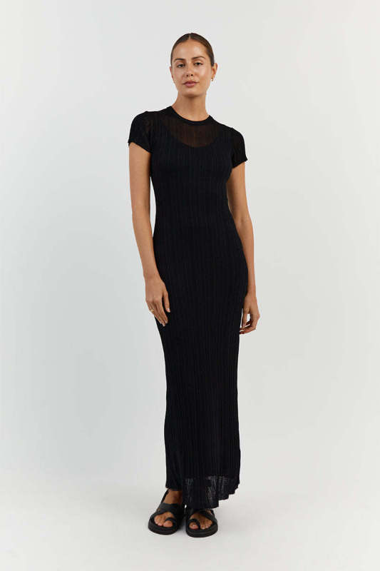 Summer Dresses- See-Through Cover-Up | Summer Textured Knit Maxi Dress- Black- Pekosa Women Clothing