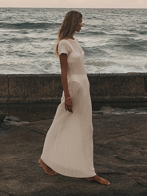 Summer Dresses- See-Through Cover-Up | Summer Textured Knit Maxi Dress- - Pekosa Women Clothing