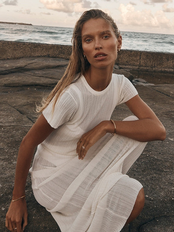 Summer Dresses- See-Through Cover-Up | Summer Textured Knit Maxi Dress- - Pekosa Women Clothing