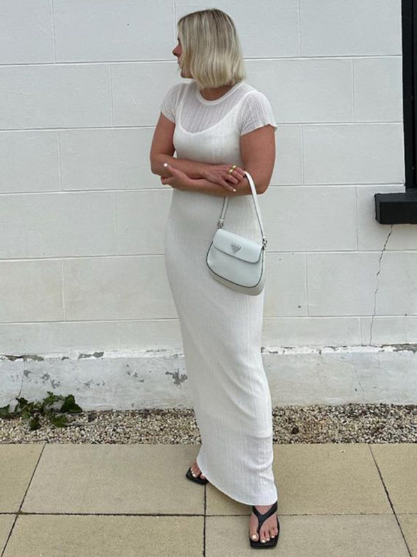 Summer Dresses- See-Through Cover-Up | Summer Textured Knit Maxi Dress- - Pekosa Women Clothing