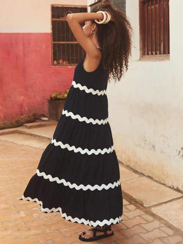 Summer Dresses- Vacation Ric-Rac Trimmed Flowy Sleeveless Maxi Dress- - Pekosa Women Clothing