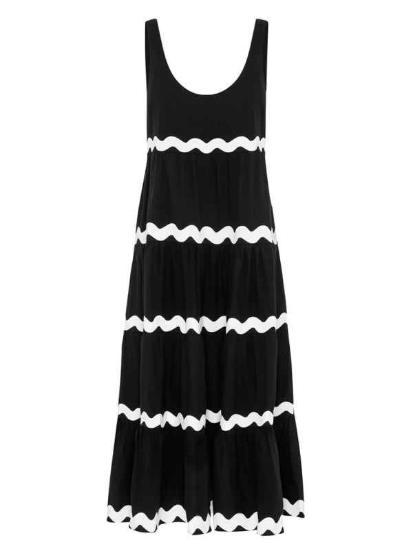 Summer Dresses- Vacation Ric-Rac Trimmed Flowy Sleeveless Maxi Dress- - Pekosa Women Clothing