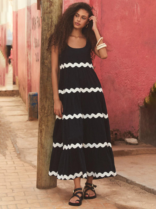 Summer Dresses- Vacation Ric-Rac Trimmed Flowy Sleeveless Maxi Dress- - Pekosa Women Clothing