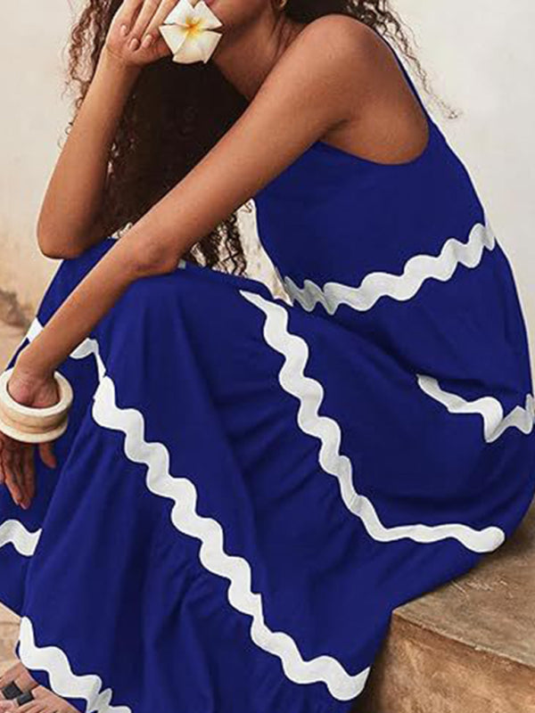 Summer Dresses- Vacation Ric-Rac Trimmed Flowy Sleeveless Maxi Dress- - Pekosa Women Clothing