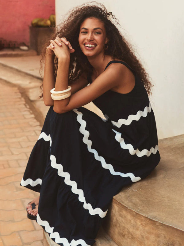 Summer Dresses- Vacation Ric-Rac Trimmed Flowy Sleeveless Maxi Dress- - Pekosa Women Clothing