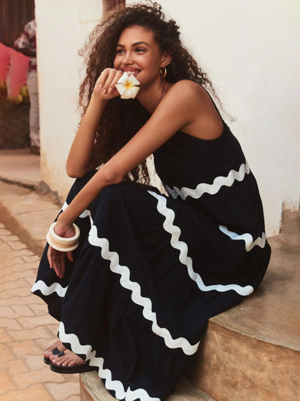 Summer Dresses- Vacation Ric-Rac Trimmed Flowy Sleeveless Maxi Dress- White- Pekosa Women Clothing