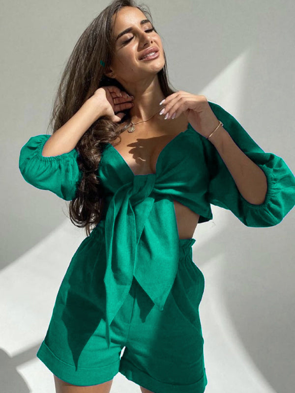 Summer Outfit- Vacation Crop Tie Blouse & High-Rise Shorts 2-Piece Set- Green- Pekosa Women Clothing
