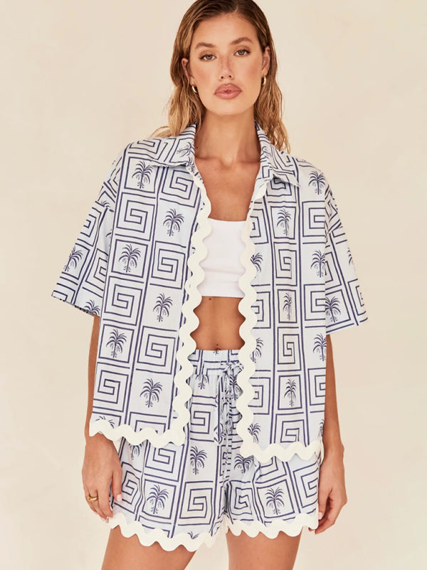 Summer Outfits- Ric-rac Trim Open Shirt and Shorts Combo - 2 Piece Vacation Outfit- Blue- Pekosa Women Clothing