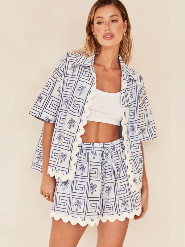 Summer Outfits- Ric-rac Trim Open Shirt and Shorts Combo - 2 Piece Vacation Outfit- - Pekosa Women Clothing