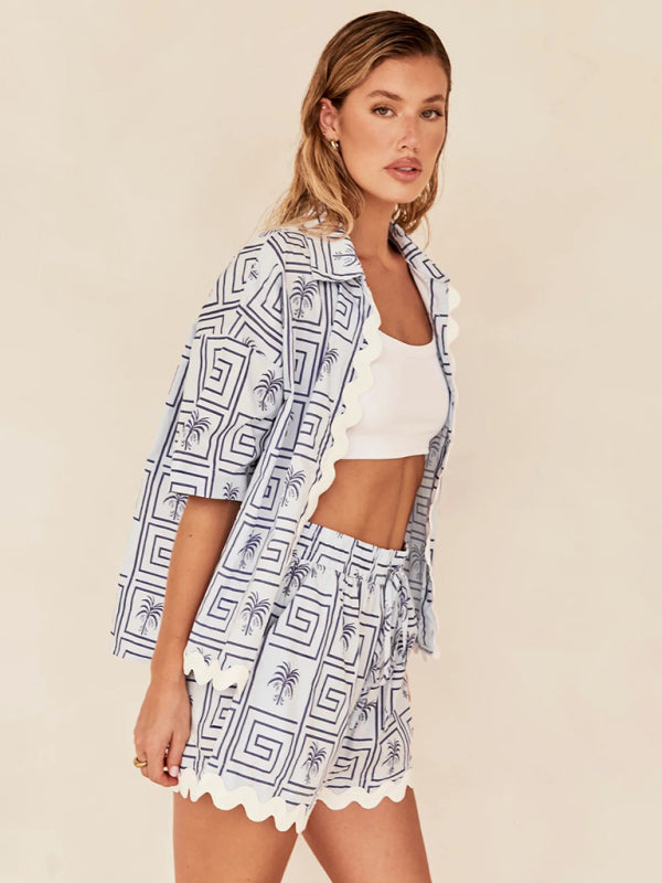 Summer Outfits- Ric-rac Trim Open Shirt and Shorts Combo - 2 Piece Vacation Outfit- - Pekosa Women Clothing