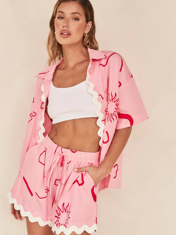 Summer Outfits- Ric-rac Trim Open Shirt and Shorts Combo - 2 Piece Vacation Outfit- - Pekosa Women Clothing