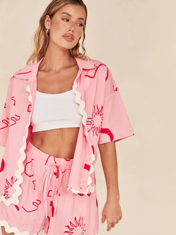 Summer Outfits- Ric-rac Trim Open Shirt and Shorts Combo - 2 Piece Vacation Outfit- - Pekosa Women Clothing