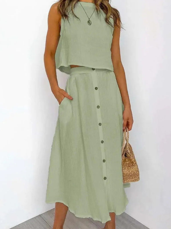 Summer Outfits- Summer Duo Textured Cotton Tank Top with Button-Up Midi Skirt- Green- Pekosa Women Clothing