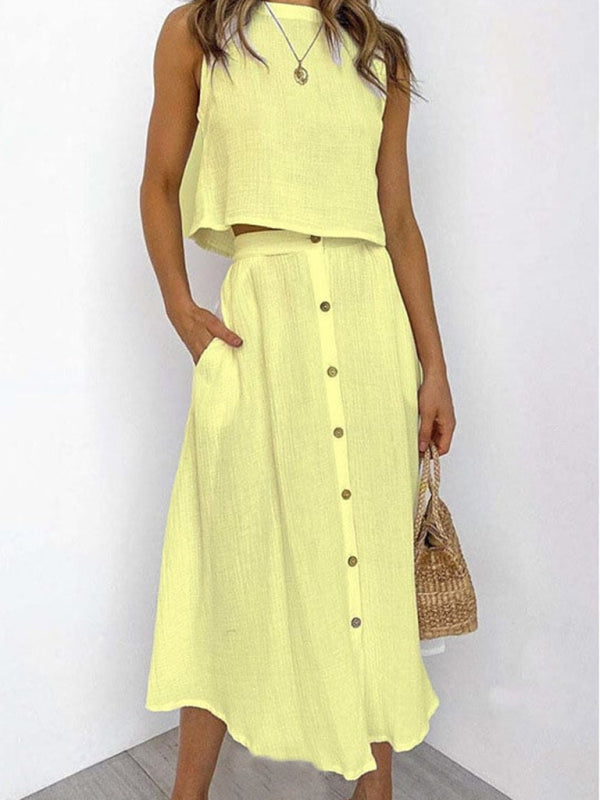 Summer Outfits- Summer Duo Textured Cotton Tank Top with Button-Up Midi Skirt- Yellow- Pekosa Women Clothing