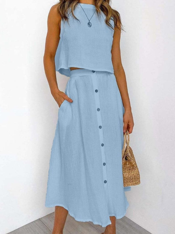 Summer Outfits- Summer Duo Textured Cotton Tank Top with Button-Up Midi Skirt- Blue- Pekosa Women Clothing