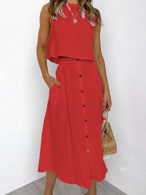 Summer Outfits- Summer Duo Textured Cotton Tank Top with Button-Up Midi Skirt- Red- Pekosa Women Clothing
