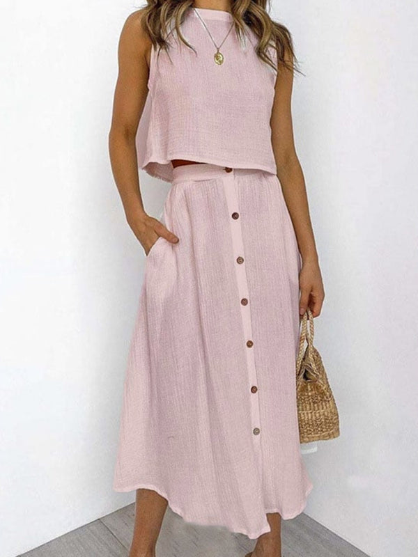 Summer Outfits- Summer Duo Textured Cotton Tank Top with Button-Up Midi Skirt- Pink- Pekosa Women Clothing