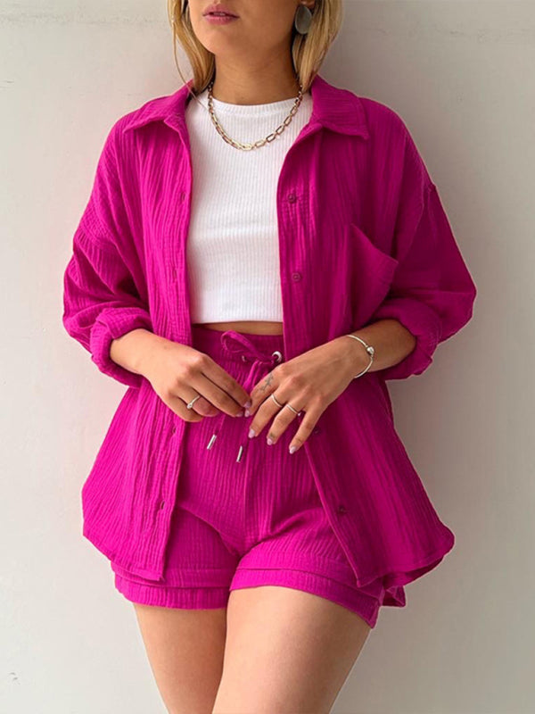 Summer Outfits- Summer Textured Long Sleeve Shirt & Shorts 2-Piece Set- Rose- Pekosa Women Clothing