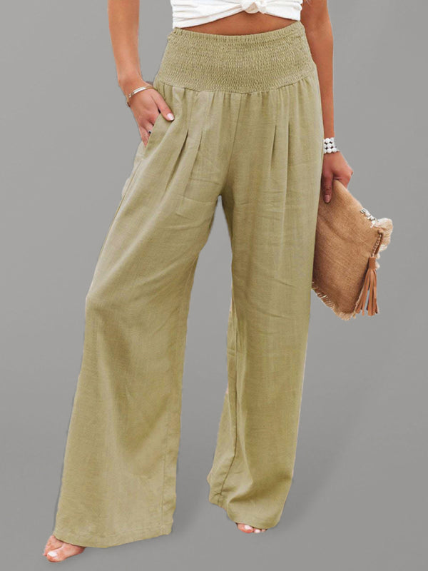Summer Pants- Smocked High Waist Cotton Textured Palazzo Pants for Summer- Khaki- Pekosa Women Clothing