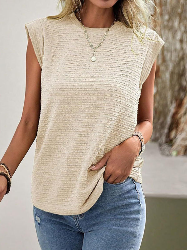 Summer Tops- Summer Textured Sleeveless Top- Cracker khaki- Pekosa Women Clothing