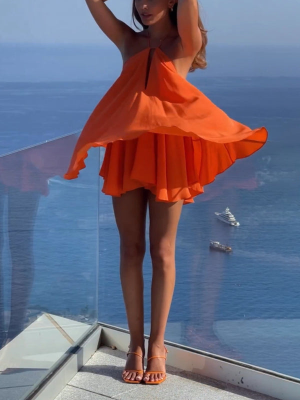 Sundresses- Essential Flowy Halterneck Backless Dress for Sunny Days in Solid- - Pekosa Women Fashion