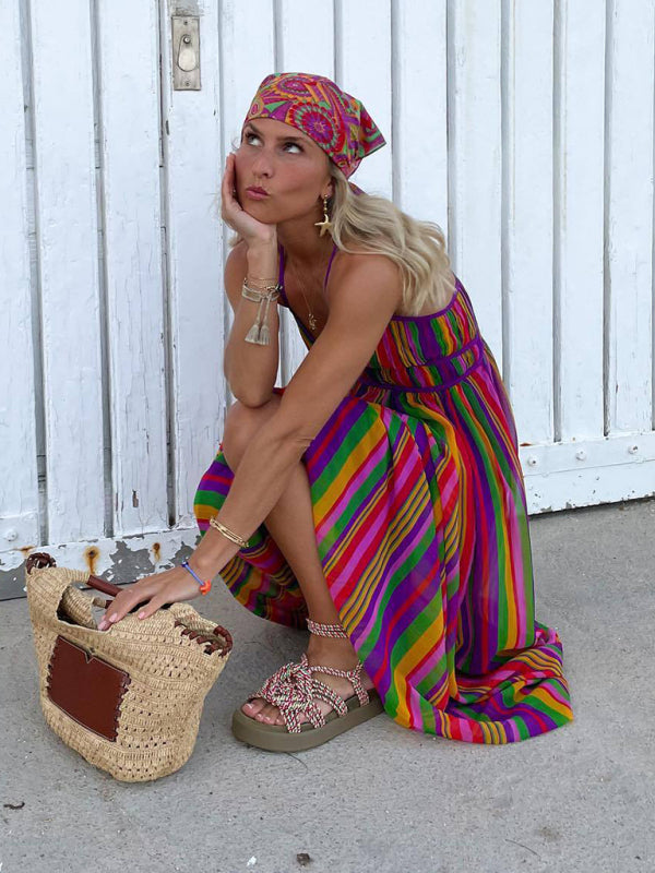 Sundresses- Summer Stripe Cami Maxi Dress with Strappy Back | Sundress- - Pekosa Women Clothing