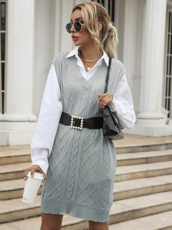 Sweater Dresses- Autumn Cable Knitting V Neck Sweater Vest Dress- - Pekosa Women Clothing