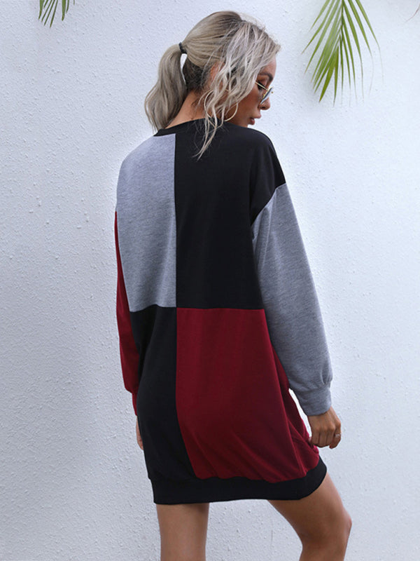 Sweater Dresses- Color Block Cotton Round Neck Sweater Dress- - Pekosa Women Clothing