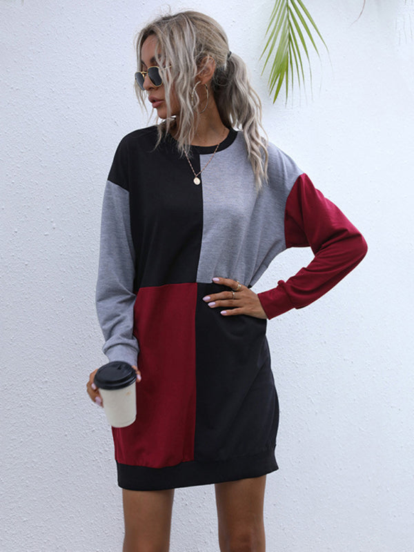 Sweater Dresses- Color Block Cotton Round Neck Sweater Dress- - Pekosa Women Clothing