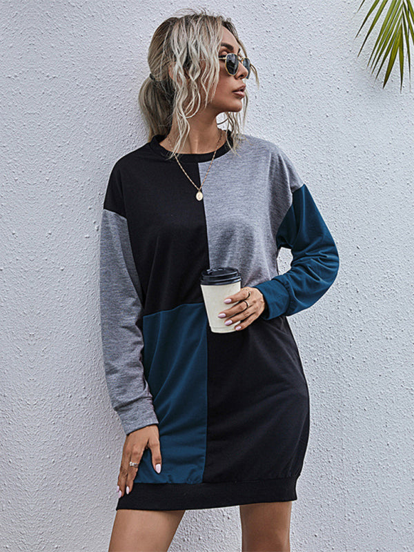 Sweater Dresses- Color Block Cotton Round Neck Sweater Dress- Purplish blue navy- Pekosa Women Clothing