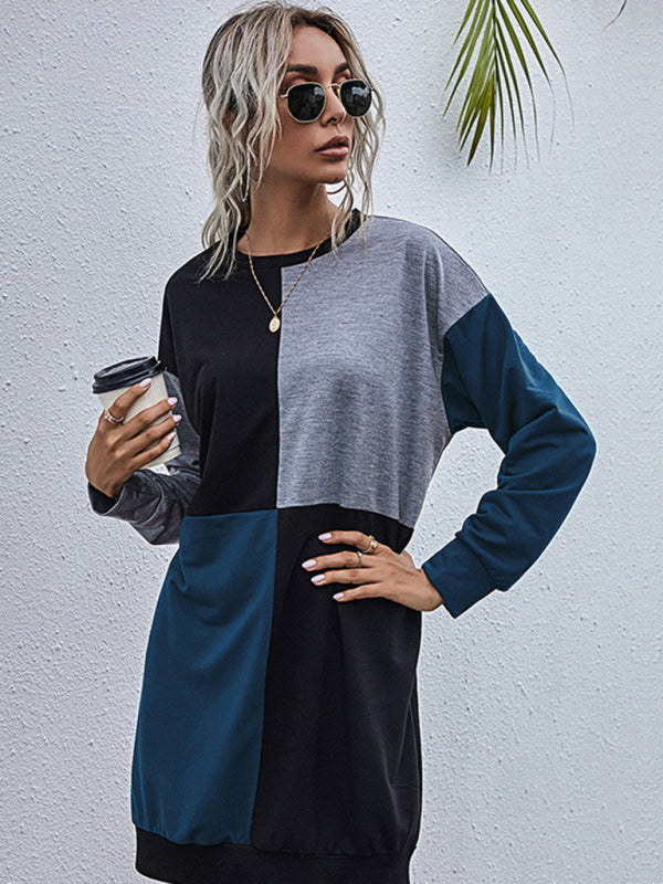 Sweater Dresses- Color Block Cotton Round Neck Sweater Dress- - Pekosa Women Clothing