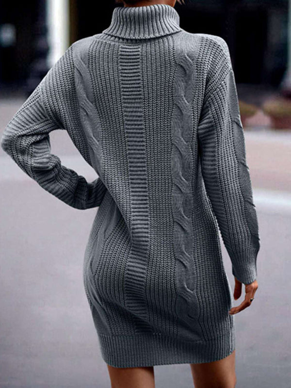 Sweater Dresses- Cozy Turtleneck Jumper | Cable Knit Mid-Length Sweater Dress- - Pekosa Women Clothing